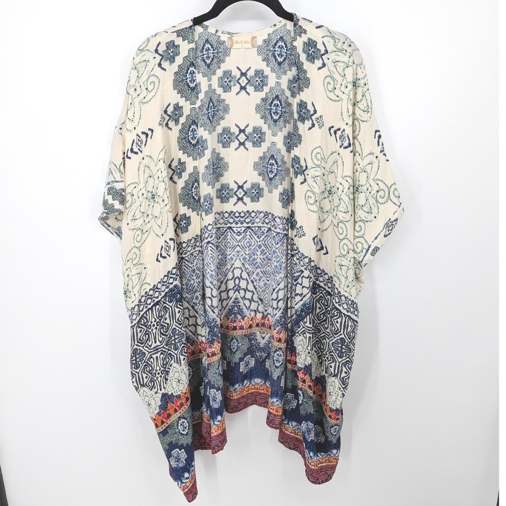 Altar'd State Kimono Women‎ Small Ivory Blue Geometric Boho Open Front Beach